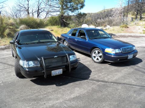 2003 Ford Crown Victoria - Front three-quarter of a black brush-guard sedan paired with a blue full-size Ford.