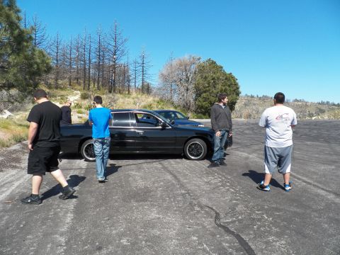 2003 Ford Crown Victoria - Group looks over a black full-size sedan on a mountain lot with bare standing trees