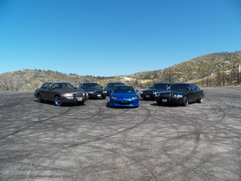 2003 Ford Crown Victoria - Front view of a blue Honda roadster lined up with black and grey Crown Victoria-style sedans.