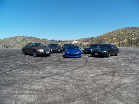2003 Ford Crown Victoria - Angled lineup of dark sedans and a blue roadster on a tire-scuffed gravel pad.