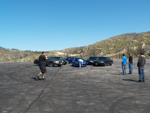 2003 Ford Crown Victoria - man strides past parked sedans and a blue roadster while others look on.