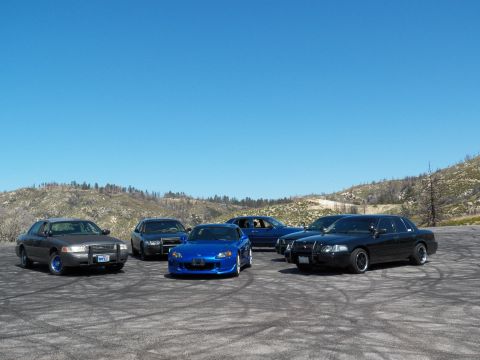 2003 Ford Crown Victoria - Lineup of cars on a dirt clearing, low blue roadster centered among dark full-size sedans
