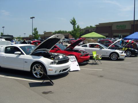 2007 Ford Mustang - Several Ford Mustangs are displayed with their hoods open at an outdoor car show.
