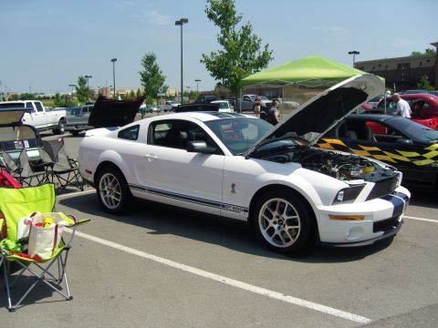 2007 Ford Mustang - A white 2007 Ford Mustang GT500 is displayed with its hood open at a car show.