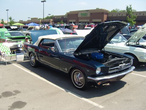 2007 Ford Mustang - A classic convertible is displayed with its hood open at an outdoor car show.
