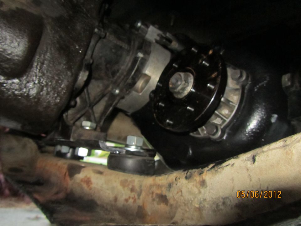 close-up of vehicle transfer case and driveshaft connection