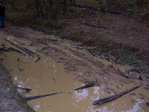 1992 Ford Bronco - Offroad trail conditions with mud, water, and fallen logs. Tire tracks are visible.