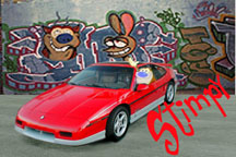1994 Ford Crown Victoria - A red sports car is parked in front of a graffiti-covered wall, with cartoon characters visible inside and on the wall.