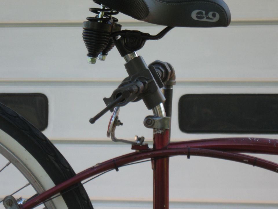 Close-up of a bicycle seat with springs and part of the frame
