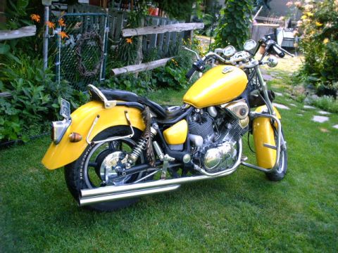 1976 Yamaha Virago - A yellow motorcycle is parked on a lawn, with a fence and foliage behind it.