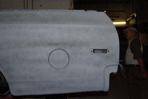 1975 Ford Ranchero - Primed side panel of a 1975 Ford Ranchero, ready for paint.