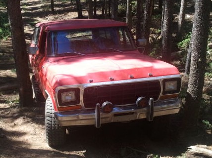 1979 Ford Bronco - A red 1978 Ford Bronco is seen from a 3/4 front angle, parked among trees on a wooded trail.