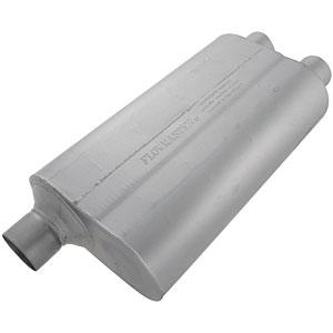 1990 Ford Bronco - This Flowmaster muffler features a rectangular body and dual exhaust outlets.