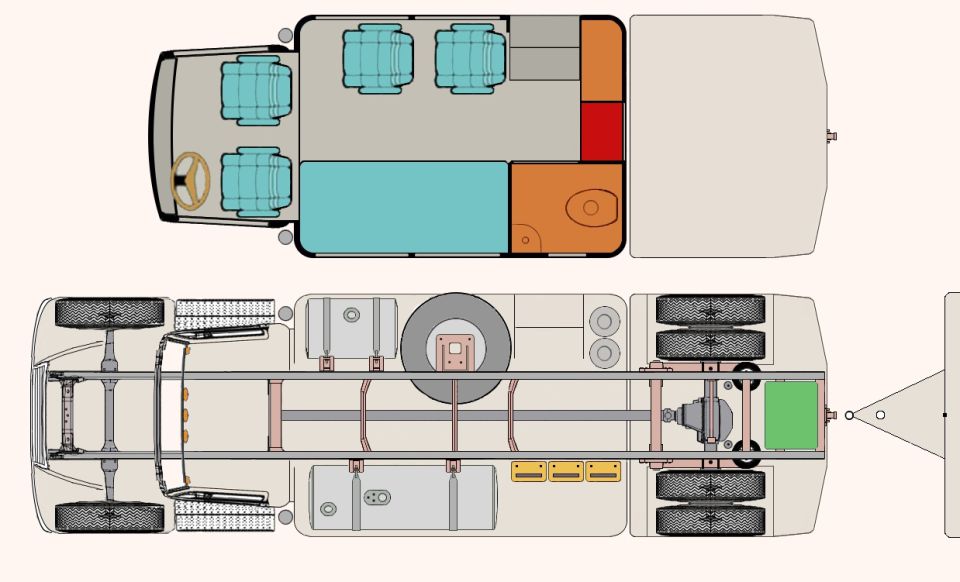 Top-view layout diagram of vehicle interior and chassis undercarriage