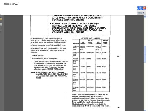 1996 Ford Bronco - Technical service bulletin page detailing diagnostic codes and PCM calibration updates for 5.0L engines.