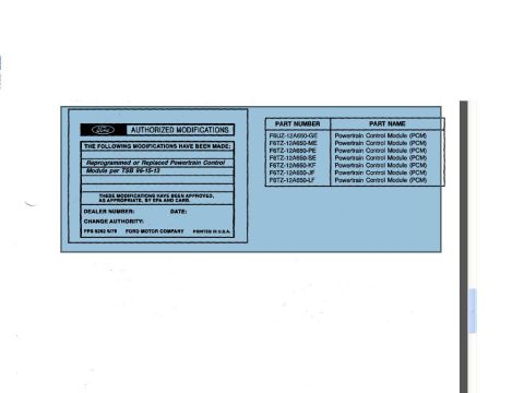 1996 Ford Bronco - This document details authorized modifications to the Powertrain Control Module, including part numbers and names.