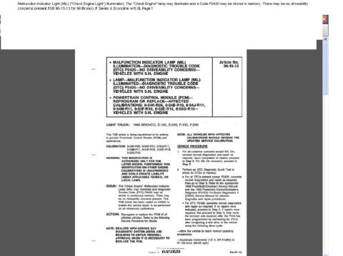 1996 Ford Bronco - Malfunction Indicator Light (MIL) ("Check Engine Light") Illumination; The "Check Engine" lamp may illuminate and a Cod…