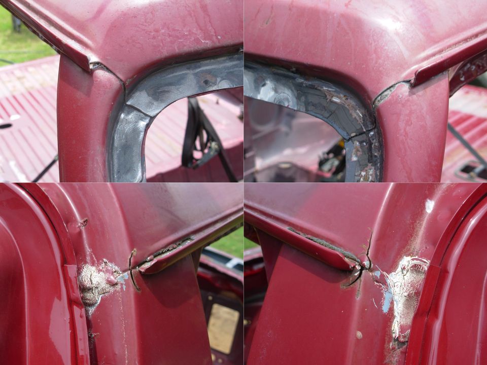 Close-up of maroon vehicle roof rail corners showing rust and cracked paint