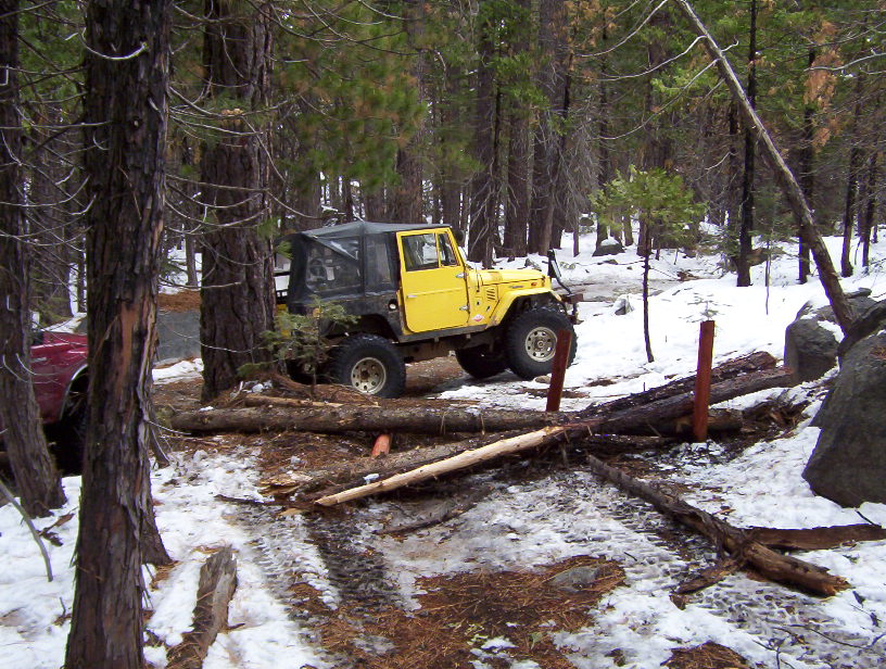 Yellow off-road vehicle with soft top in snowy woods