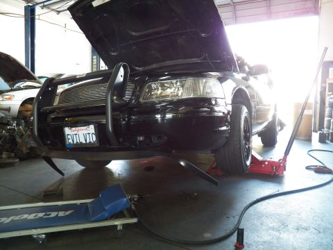 2003 Ford Crown Victoria - EVIL VIC Crown Victoria lifted on a red floor jack with hood up and front grille brush bar in shop bay