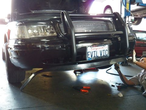 2003 Ford Crown Victoria - Close view of the EVIL VIC plate, Ford oval and brush bar as a gloved tech reaches under the bumper