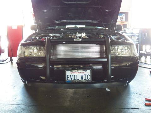 2003 Ford Crown Victoria - Front of a black sedan with tubular brush guard, billet grille and California plate reading EVIL VIC.