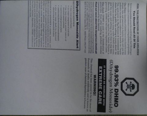 1989 Ford Bronco - A document warns about the dangers of Dihydrogen Monoxide, detailing its chemical properties and potential health risks.