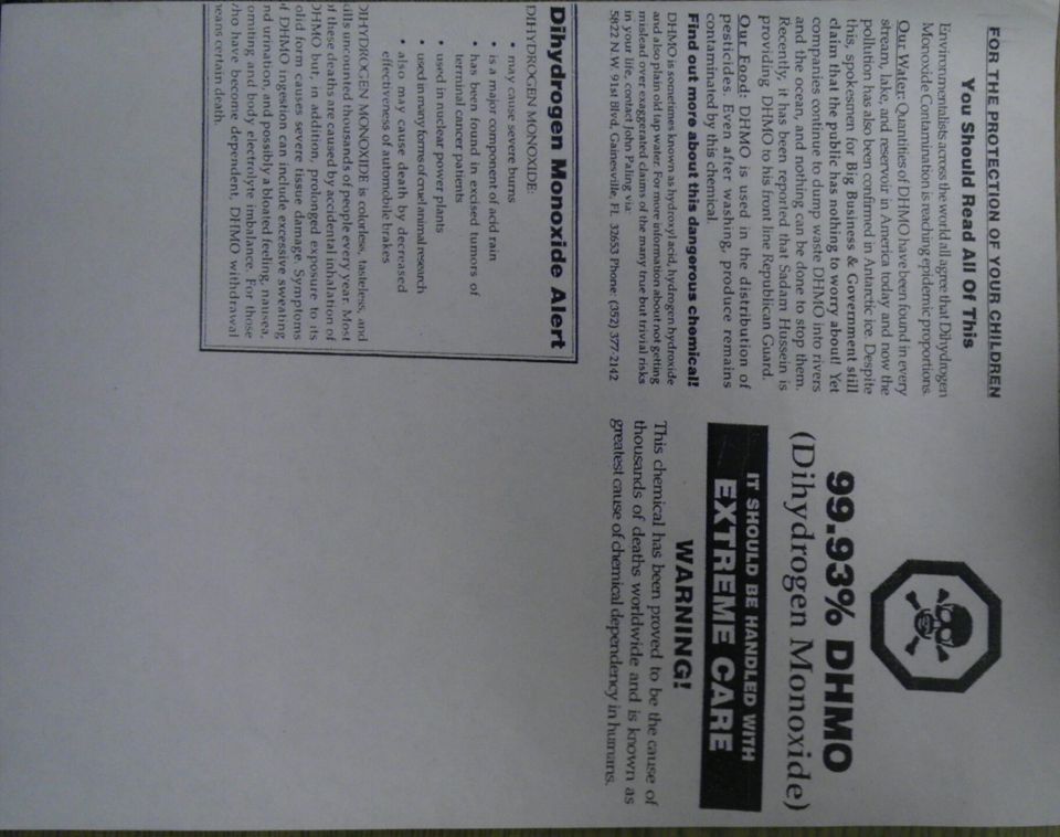 Document about Dihydrogen Monoxide with warning symbols