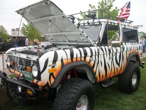 1996 Ford Bronco - This customized Ford Bronco features a distinctive tiger stripe paint job and an American flag displayed on its roof rack.
