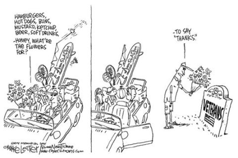 1987 Ford Bronco - A Memorial Day cartoon depicts a car overloaded with picnic supplies and sports gear, contrasting with a solemn visit to a veteran's grave.