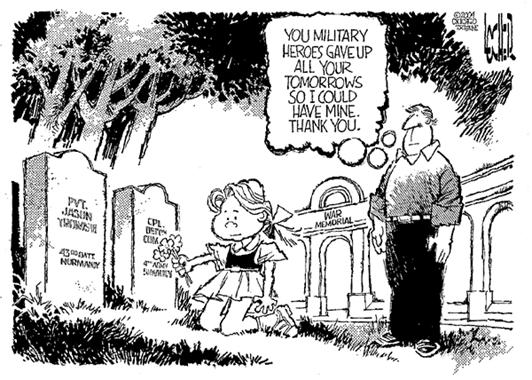 Cartoon of a girl placing flowers at a grave, with a man standing nearby