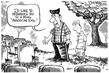 1987 Ford Bronco - A political cartoon depicts a cemetery scene with two men, one speaking to the other about a "real American Idol."