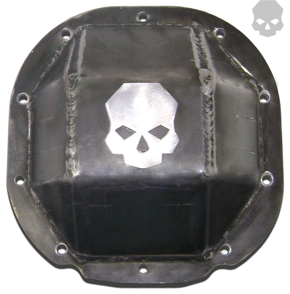 metal differential cover with a cut-out skull design and "supermotors.net" logo at bottom right