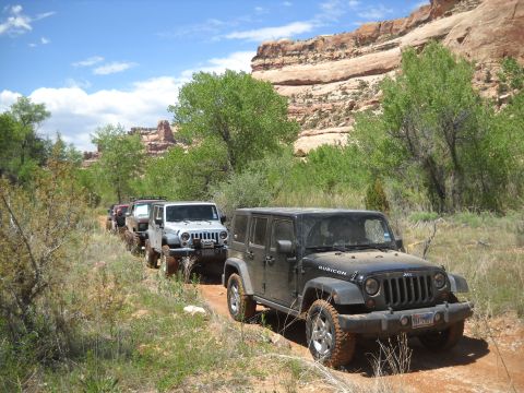 1986 Ford Bronco II - A convoy of Jeep Wranglers navigates a dusty trail in a scenic canyon landscape under a blue sky.