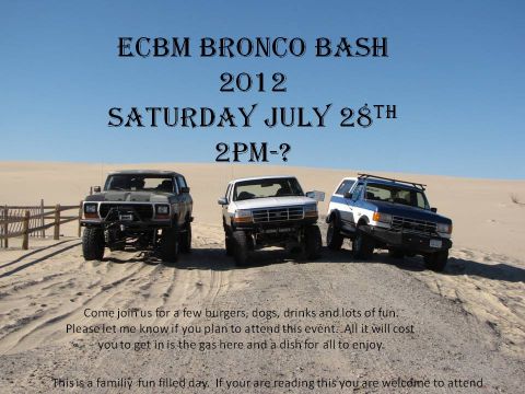 1979 Ford Bronco - Event flyer shows three SUVs on a sandy dune with event details and website.