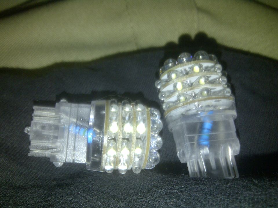 Two clear LED bulbs with white LEDs and blue resistors