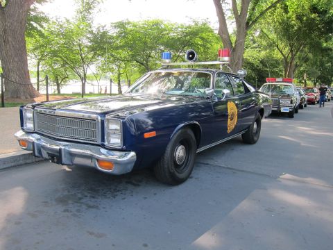 1991 Ford LTD Crown Victoria - dark blue 1970s police sedan with a gold star door emblem, spotlight and red beacon, leading a row of cruisers along a tree-lined road.