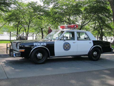 1991 Ford LTD Crown Victoria - black-and-white police sedan lettered POLICE with a round department emblem, red light bar and front push bar, parked under trees.