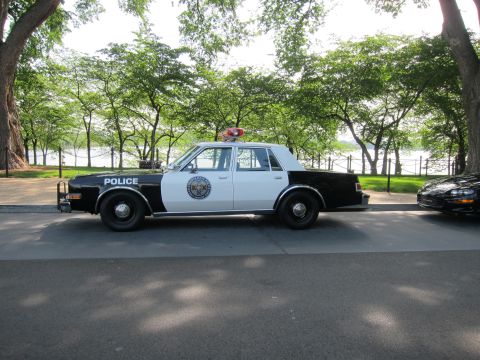 1991 Ford LTD Crown Victoria - black-and-white police sedan lettered POLICE with a round department seal and red roof beacon, shown in side profile by a waterfront.