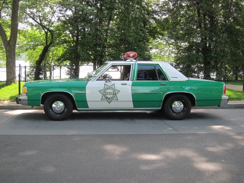 1991 Ford LTD Crown Victoria - green-and-white Ford LTD Crown Victoria Sheriff sedan with a gold star emblem and red roof beacon, shown in side profile.