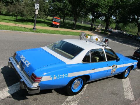 1991 Ford LTD Crown Victoria - Rear-three-quarter view of a blue-and-white NYPD police car numbered 1162 parked in a green park.
