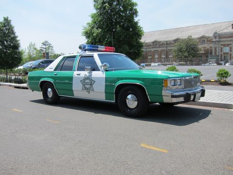 1991 Ford LTD Crown Victoria - green-and-white police sedan with a star door emblem and roof light bar parks at a front angle near a long brick building.
