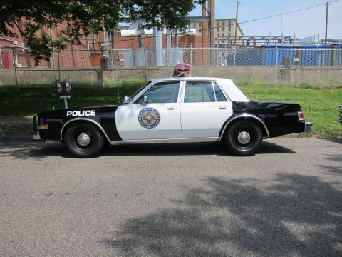 1991 Ford LTD Crown Victoria - black-and-white vintage Police sedan with a round door seal and red roof beacon parked by a fence.