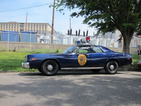 1991 Ford LTD Crown Victoria - dark blue 1970s police sedan with a round gold door seal and twin roof beacons parked under a tree.