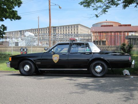 1991 Ford LTD Crown Victoria - black boxy Chevrolet Caprice police sedan with a gold door shield and roof beacon by a fence.