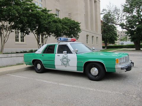1991 Ford LTD Crown Victoria - green-and-white Ford Sheriff sedan with roof lightbar and door star emblem sits in a parking lot in front of a stone building.