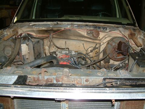 1983 Ford Bronco - The engine compartment of an older vehicle, showing the engine and various hoses and wires.