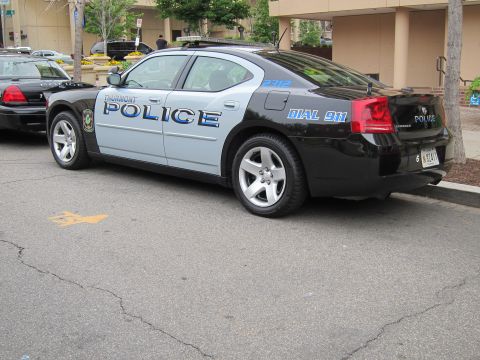 1991 Ford LTD Crown Victoria - Rear three-quarter view of a black-and-silver Thurmont Police Dodge Charger parked on an urban street.