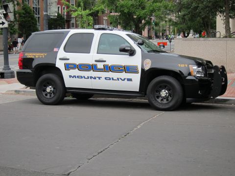 1991 Ford LTD Crown Victoria - black-and-white Chevrolet Tahoe police SUV lettered Police Mount Olive with a front push bar on a street.
