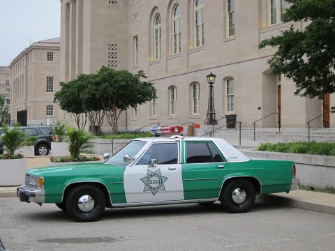 1991 Ford LTD Crown Victoria - green-and-white Ford LTD Crown Victoria sheriff sedan with star emblem parked outside a large stone building.